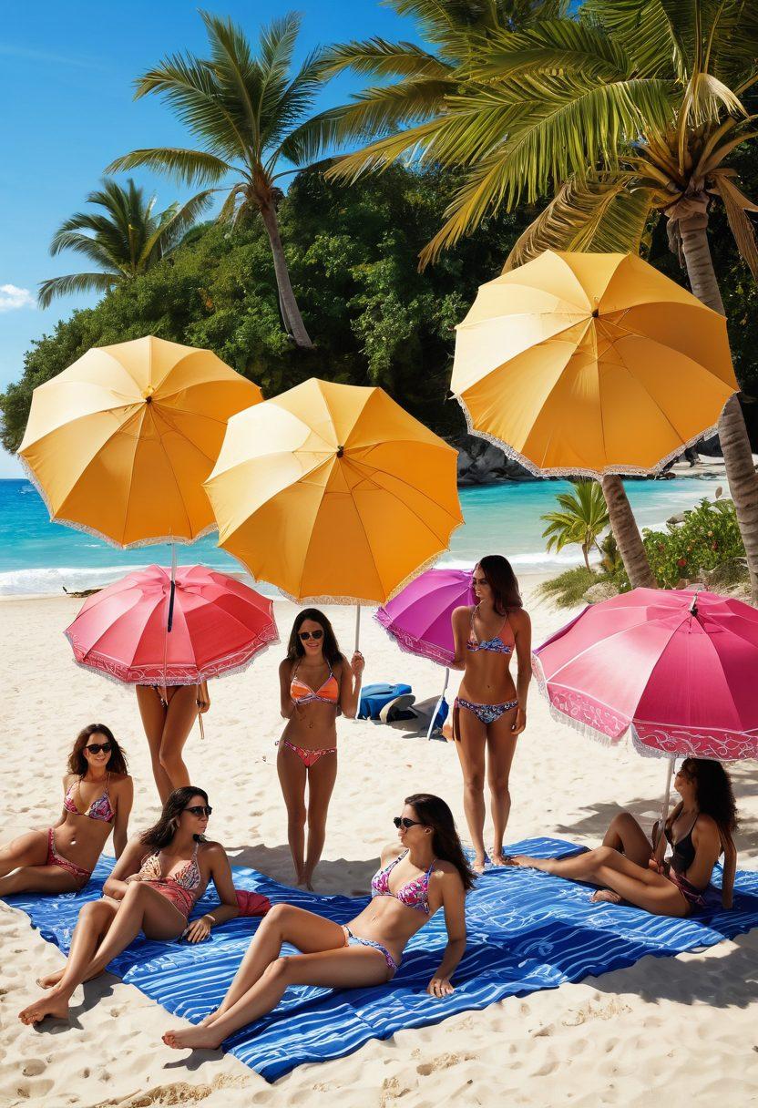 A vibrant beach scene showcasing a diverse group of people wearing stylish summer beachwear adorned with intricate filar patterns. Incorporate colorful umbrellas, sun-kissed sand, and crystal clear waves in the background. Capture a sense of fun and relaxation, with some individuals playing beach volleyball while others lounge with tropical drinks. Bright and cheerful summer colors should dominate. super-realistic. vibrant colors. white background.