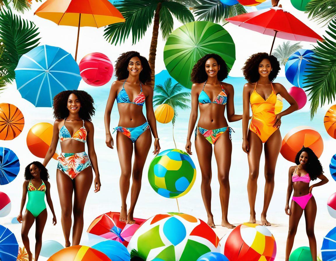 A sun-soaked beach scene showcasing diverse models wearing vibrant, filar-inspired swimwear, featuring intricate patterns and bold colors. Include tropical elements like palm trees, colorful beach umbrellas, and playful beach balls in the background. Emphasize the joyful and relaxed summer vibe with sunlight shimmering on the waves. Captivating and energetic atmosphere. super-realistic. vibrant colors. white background.